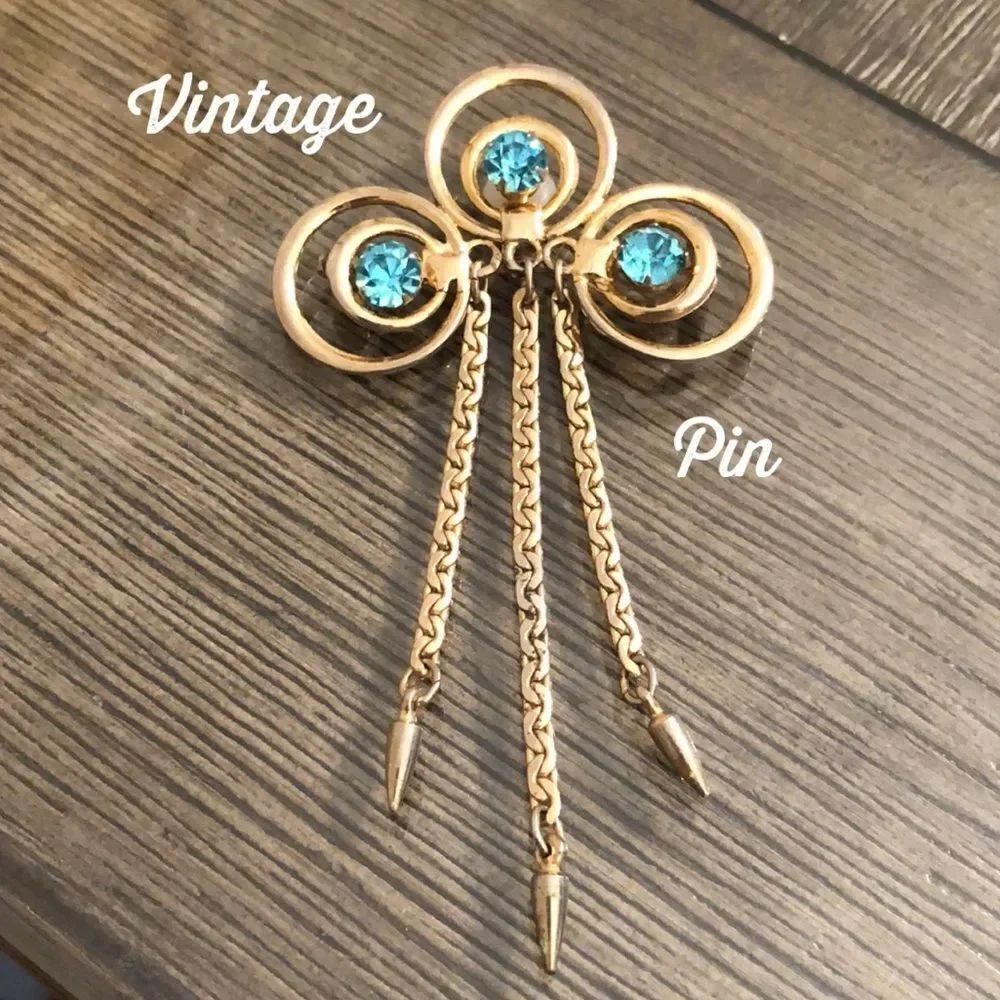 Vintage EMMONS Geometric Circle Blue Rhinestone Tassel Pin